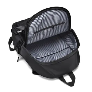 Large black laptop backpack with striped interior lining and durable nylon material