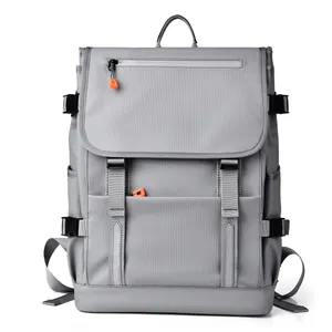 Light grey high-capacity laptop backpack with reflective safety strips and orange zipper pulls