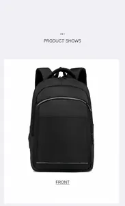 Detail showing high-capacity black business backpack with safety reflective strip and top handle