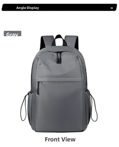 Front view of grey minimalist backpack with waterproof fabric and side pockets
