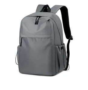 Side view of gray water-resistant nylon business backpack with breathable mesh straps