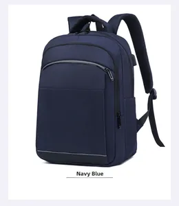 Front view of navy blue water-resistant business backpack with grey reflective strip