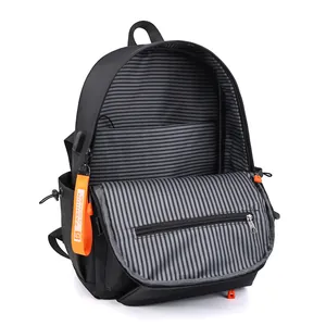 Sac à dos pour ordinateur portable noir avec doublure rayée et sangle orange décorative