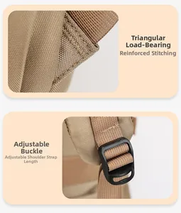 Détails des coutures triangulaires renforcées et de la boucle réglable sur sac à dos kaki