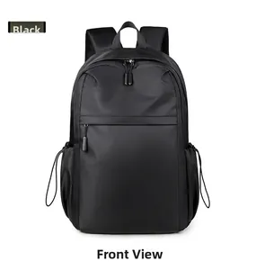 Front view of minimalist black waterproof nylon backpack with zipper and side pockets