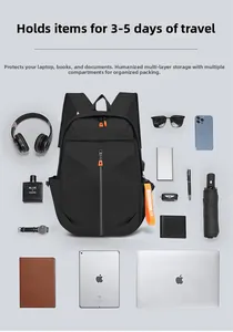 Detail view of large capacity black backpack with 3-5 days storage for 15 inch laptop