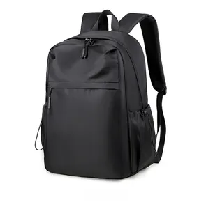 Detail of black backpack showing the side drawstring water bottle pocket and texture