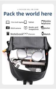 Detail view of the backpack showing striped lining and space for 15.6 inch laptop