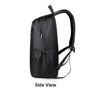 Side view of black waterproof nylon backpack with zipper compartments and side drawstring pocket