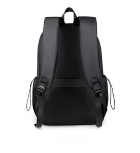 Detail of the padded straps and luggage trolley sleeve on this black travel backpack