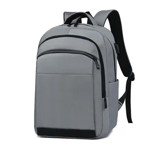 Minimalist grey large-capacity laptop backpack with multi-layer pockets and USB port
