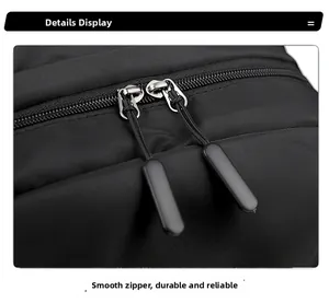 Detail of smooth two-way zippers with pull cords on a durable black nylon backpack