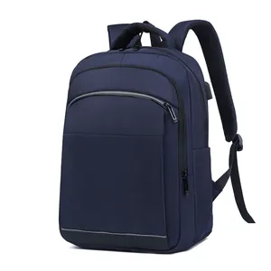 Large capacity dark blue business laptop backpack with USB port and reflective strip