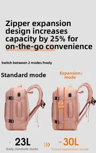 Mochila rosa impermeable de viaje con expansión de cremallera de 23L a 30L