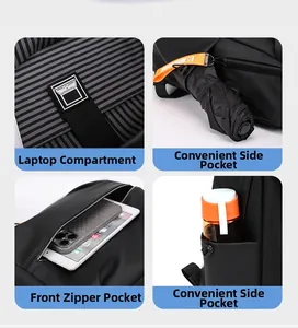 Detail view of laptop compartment, side pockets and front zipper on black water-resistant bag