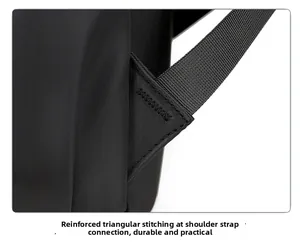 Detail of reinforced triangular bartack stitching on durable black backpack straps