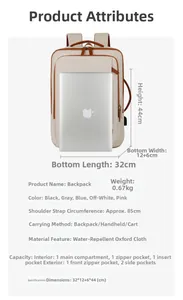 Detailed specs of the water-resistant oxford backpack with laptop size comparison