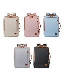Five colors of minimalist waterproof travel backpacks with USB port and leather details