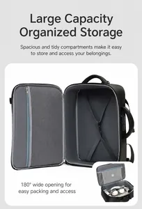 Dettaglio dello zaino porta PC con apertura a 180 gradi, tasche a rete e cinghie interne