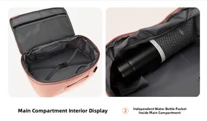 Detalle del compartimento principal con correas en X y bolsillo de malla en mochila coral