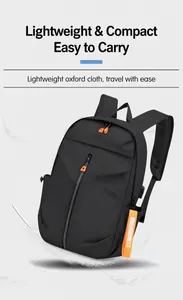 Close-up of lightweight black oxford business backpack with orange zipper accents