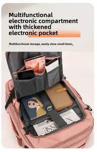 Interior de mochila rosa con funda acolchada para portátil y bolsillos organizadores