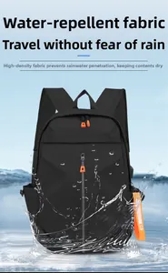 Detail showing high-density water-resistant fabric with raindrops on black backpack