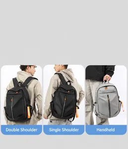 Detail view of multifunctional backpack with USB charging port and orange zip accents