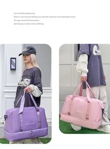 Detalle de bolsa de viaje multifuncional con compartimento para zapatos en lila y rosa