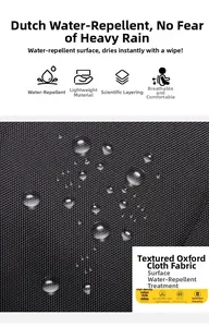 Macro detail of high-density waterproof oxford fabric showing water beads on gray backpack