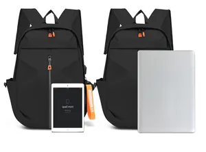 Detail view of black laptop backpack showing USB charging port and orange zipper pulls