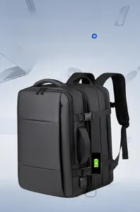 Detail view of expandable travel backpack with USB port and multiple zippered layers