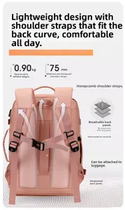 Vista trasera de mochila rosa con correas transpirables y cinta para maletas