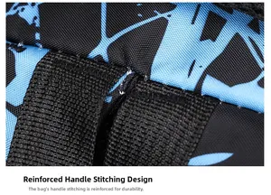 Detail van de versterkte stiksels op het handvat van de rugzak met geometrisch patroon