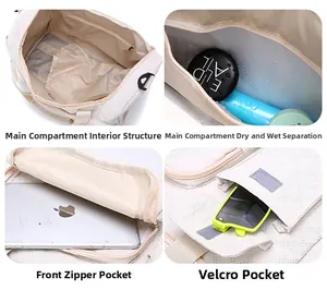 Detail view of quilted travel bag featuring dry wet separation and multi-pocket storage