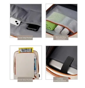 Detail view of dry-wet separation and laptop storage compartments in the beige backpack