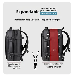 Detail view of the 10cm expandable feature on a black 17-inch waterproof travel backpack