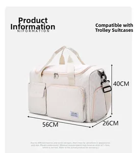 Detailed view of large quilted travel bag showing dimensions 56x26x40cm with trolley sleeve