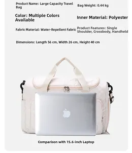 Waterproof travel bag details showing 56x26x40cm size and quilt texture material