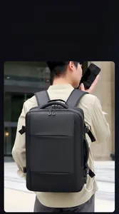 Detail view of water resistant black laptop backpack with external USB charging port
