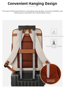 Detail of travel backpack with trolley sleeve and breathable honeycomb mesh back panel
