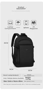 Detailed size specifications of waterproof 32x14x45cm laptop backpack in black Oxford fabric