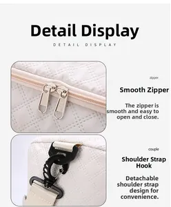 Detail of smooth metal double zippers and detachable shoulder strap hooks on travel bag