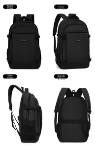 Detailed views of black waterproof business laptop backpack with side mesh pockets