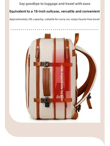 Side view of beige and brown travel backpack showing 6cm expandable storage capacity