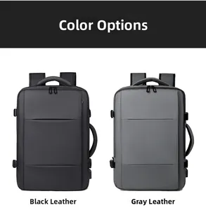 Waterproof expandable laptop backpack in black and grey with USB port and leather coating