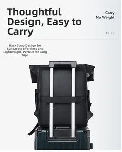Détail du sac à dos de voyage avec sangle de bagage fixée sur une valise