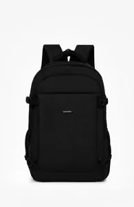 Front view of black waterproof business backpack with side buckles and logo plate
