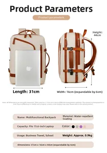 Waterproof travel backpack showing dimensions 31x16x44cm and 6cm expansion feature
