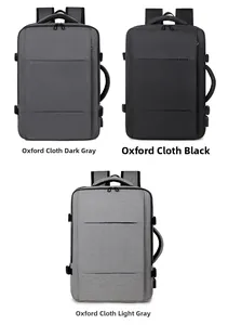 Three expandable business backpacks in grey and black oxford fabric with USB ports